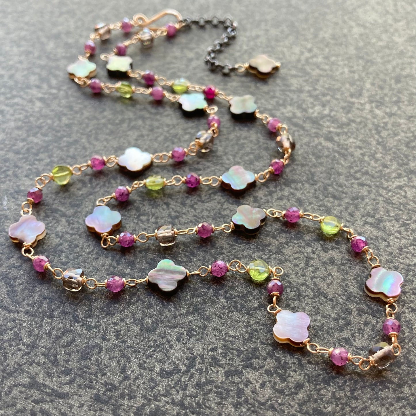 Black Mother of Pearl, Peridot, Ruby, Ice Obsidian & Mixed Metal Clover Necklace