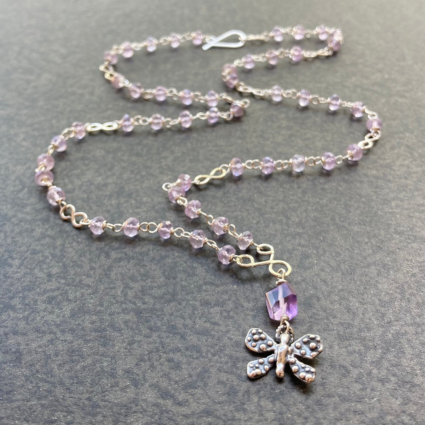 Pink Amethyst & Sterling Silver Butterfly Infinity Necklace