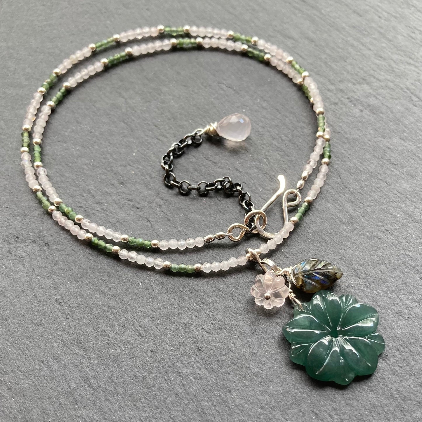Rose Quartz, Sterling Silver & Guatemalan Jade Winter Succulent Necklace