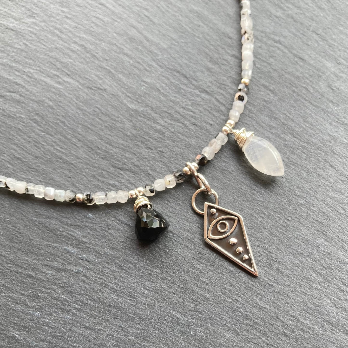 Tourmalinated Rainbow Moonstone & Sterling Silver All Seeing Eye Pendant Choker