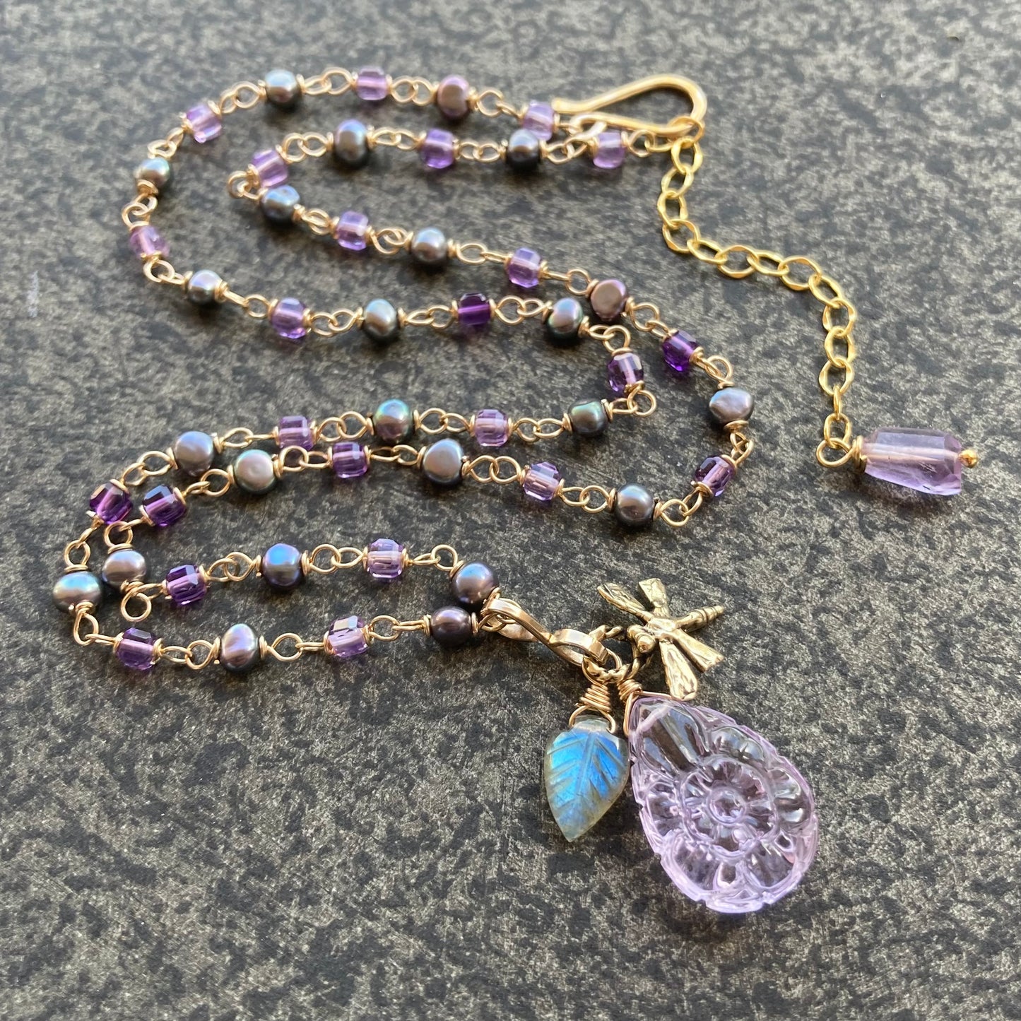 Amethyst, Freshwater Peacock Pearl & Gold Dragonfly Charm Necklace