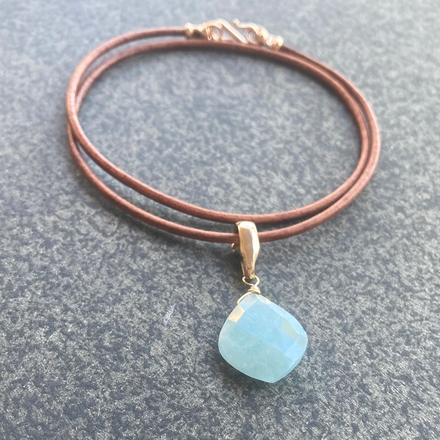 Milky Aquamarine & Bronze Leather Choker