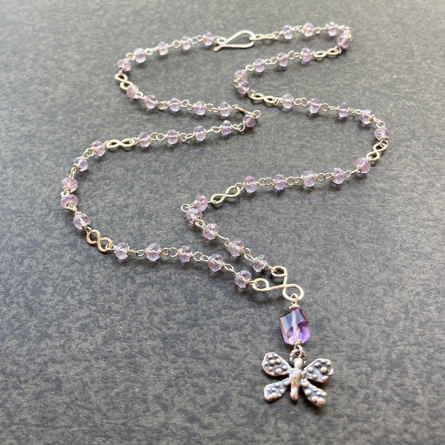 Pink Amethyst & Sterling Silver Butterfly Infinity Necklace