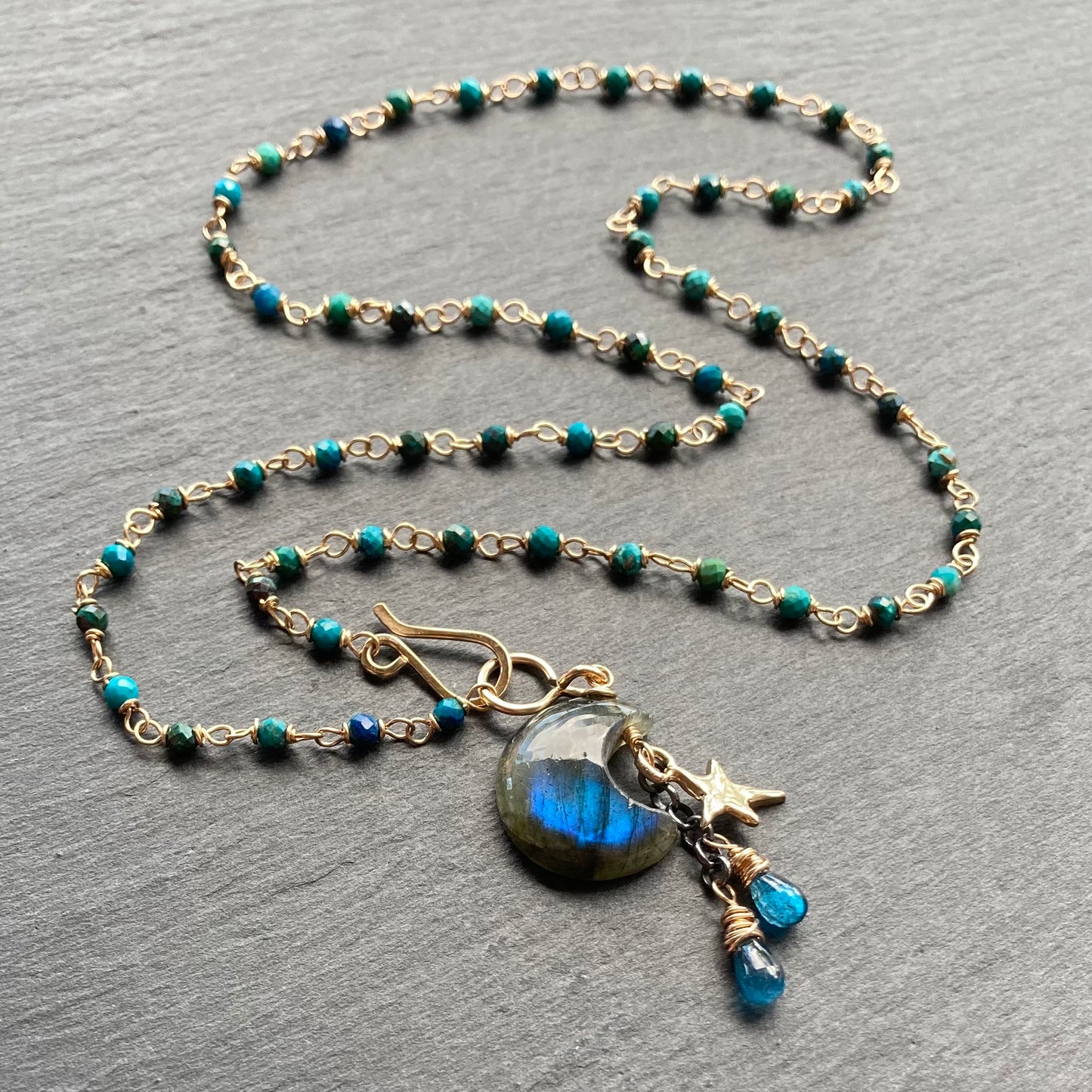 Chrysocolla, Gold & Labradorite Moonglow Charm Necklace