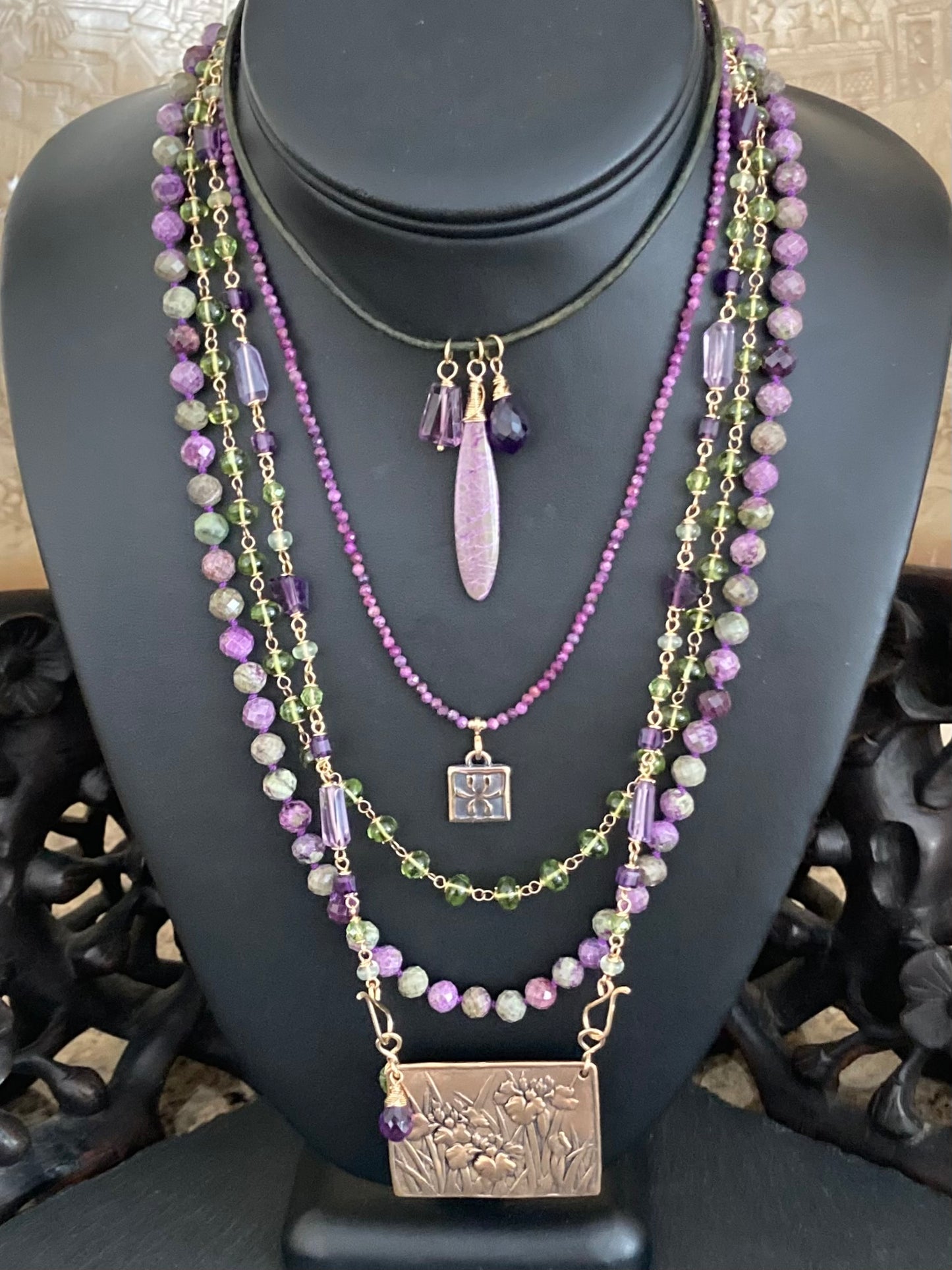 Amethyst, Peridot, Gold & Bronze Iris Pendant Necklace