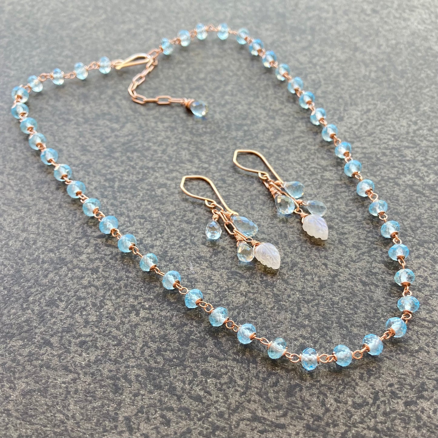 Blue Topaz, Rainbow Moonstone & Rose Gold Cascade Earrings