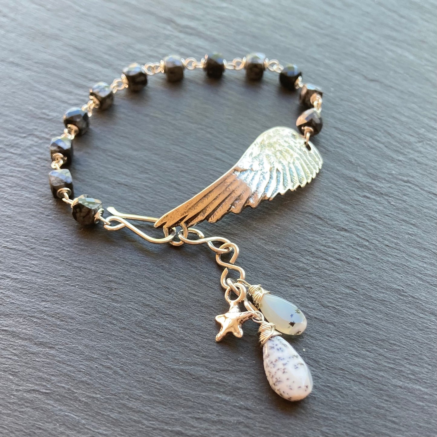 Snowflake Obsidian, Dendritic Opal & Sterling Silver Winged Goddess Bracelet