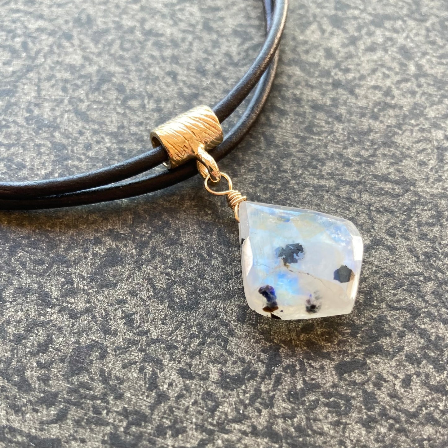 Tourmalinated Rainbow Moonstone & Bronze Leather Choker