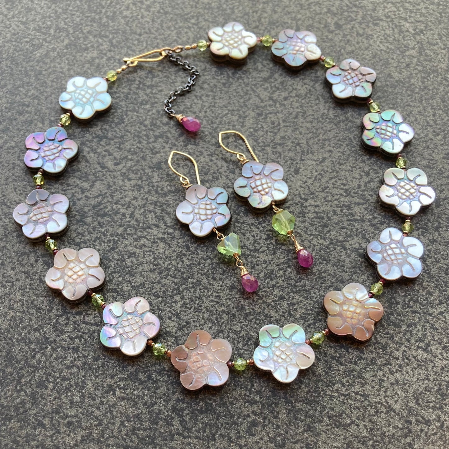Black Mother of Pearl, Peridot, Ruby & Mixed Metal Cherry Blossom Collar