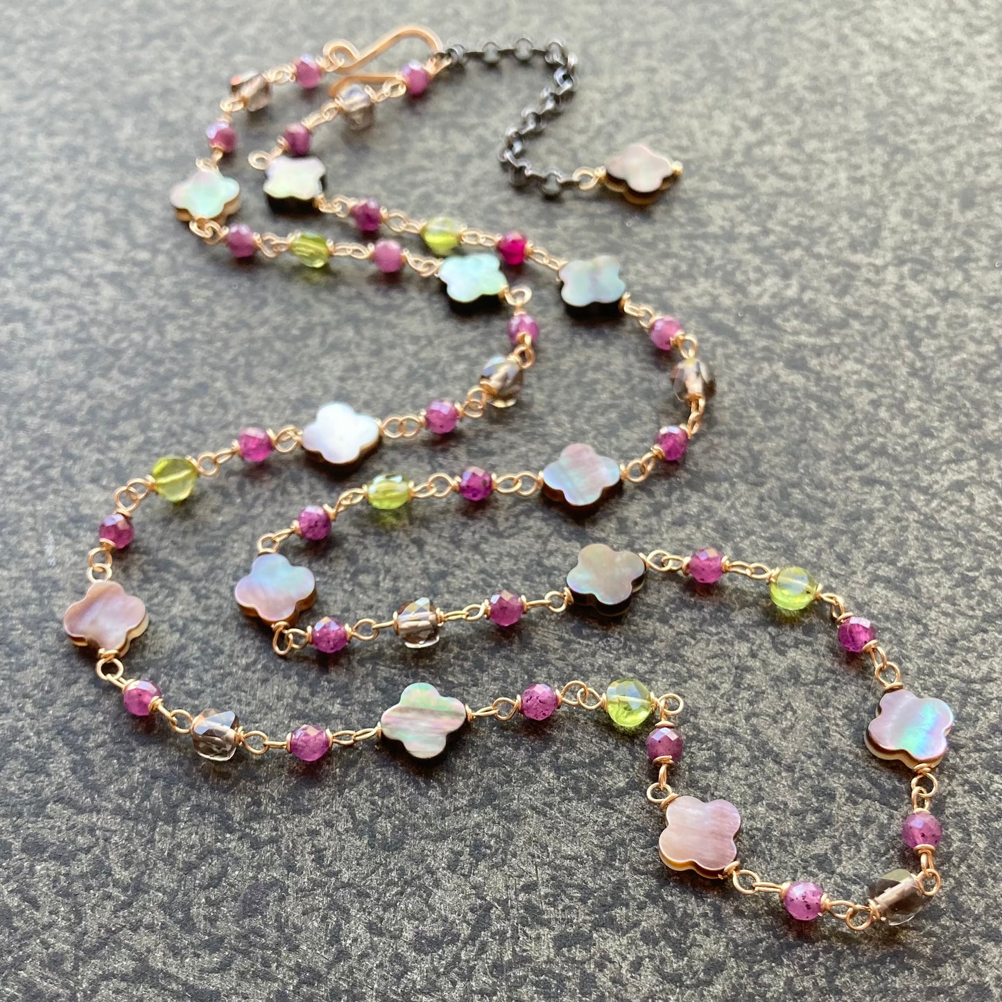 Black Mother of Pearl, Peridot, Ruby, Ice Obsidian & Mixed Metal Clover Necklace