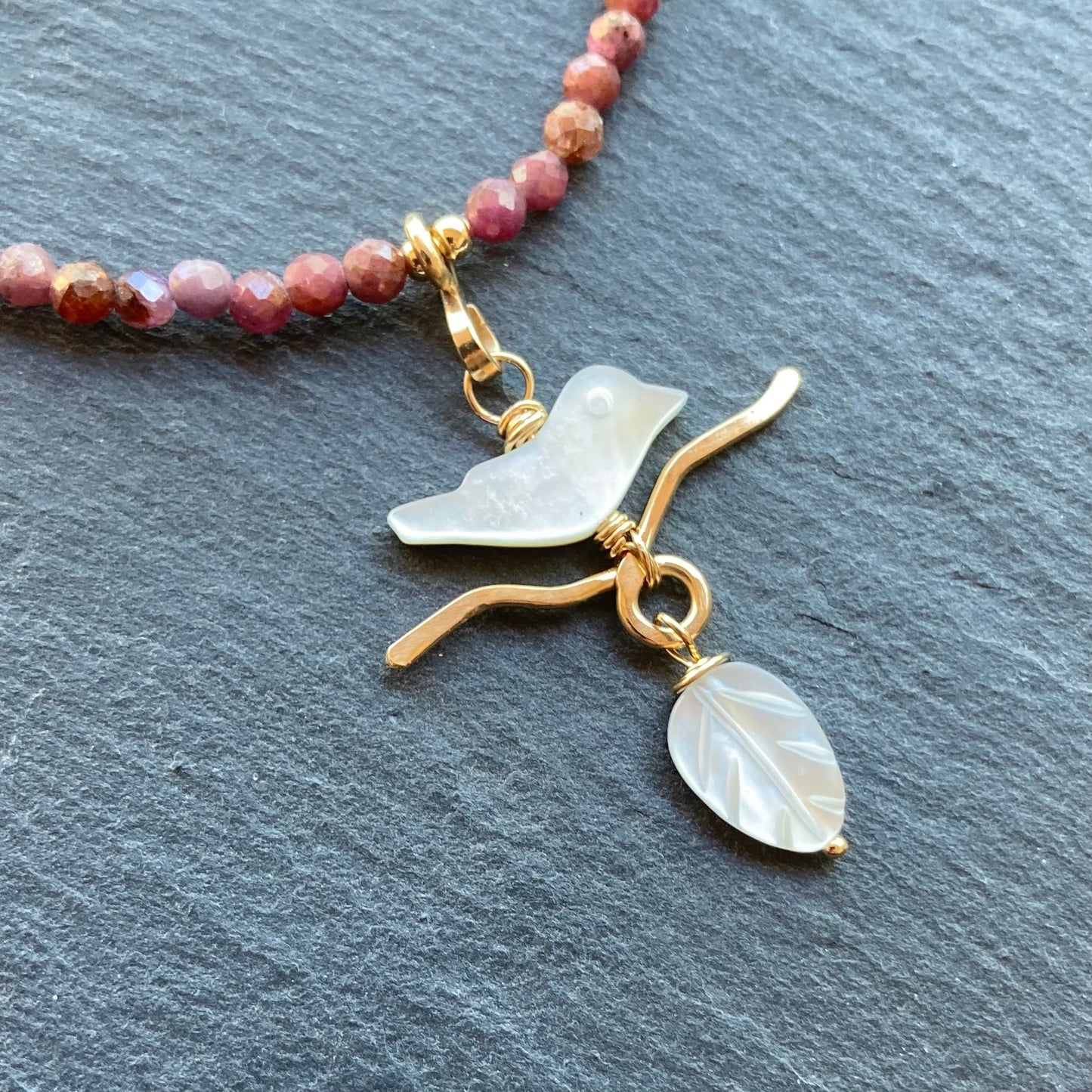 Black Mother of Pearl, Natural Ruby & Gold Autumn Branches Choker