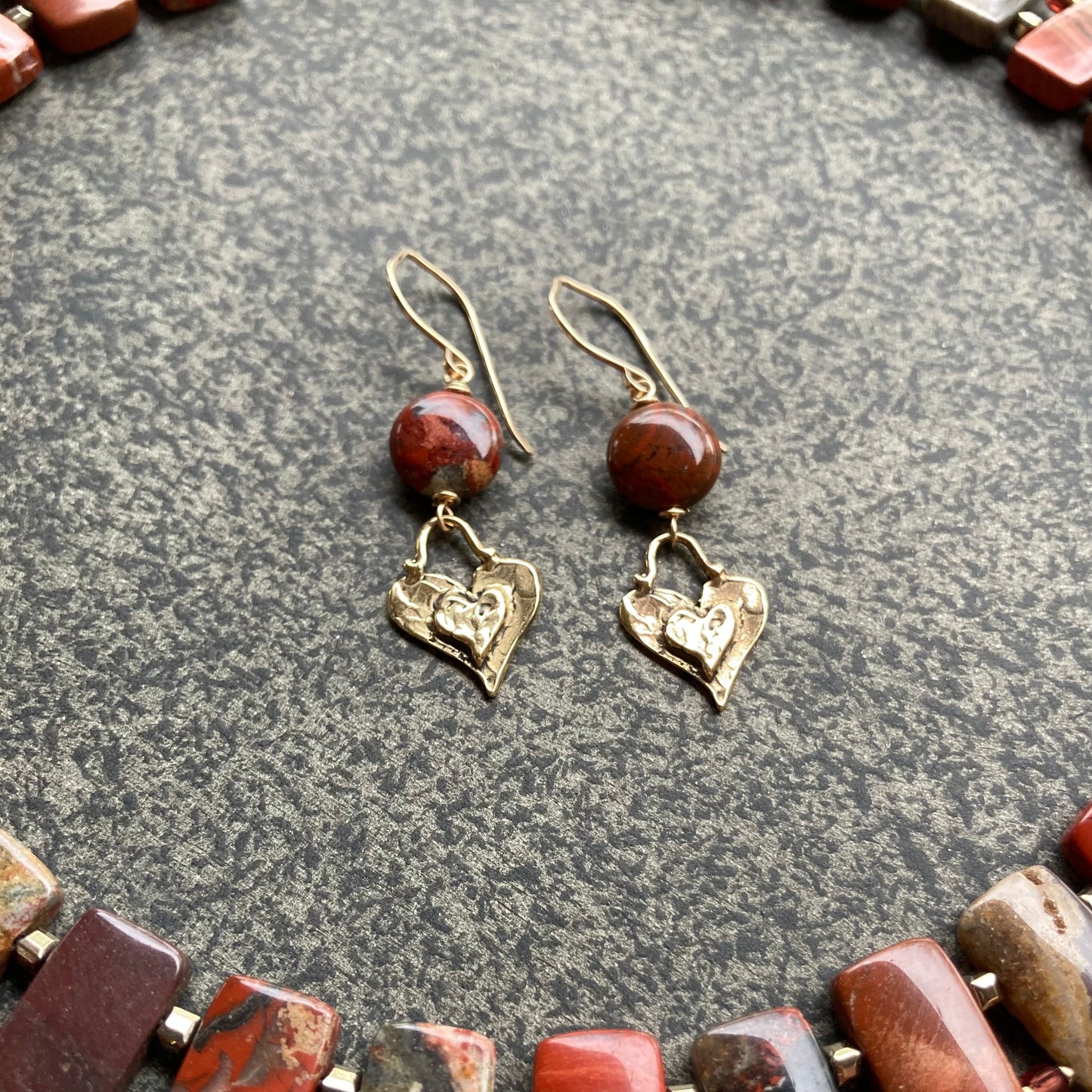 Apple Jasper, Gold & Bronze Heart Earrings
