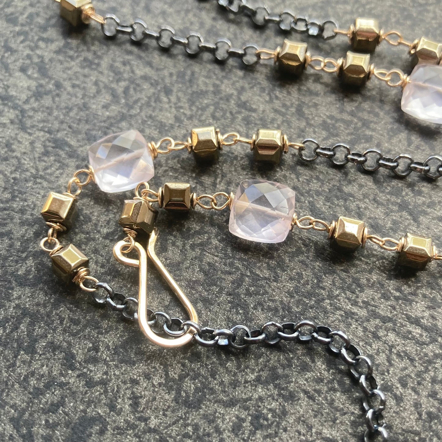 Rose Quartz, Pyrite & Mixed Metal Convertible Necklace