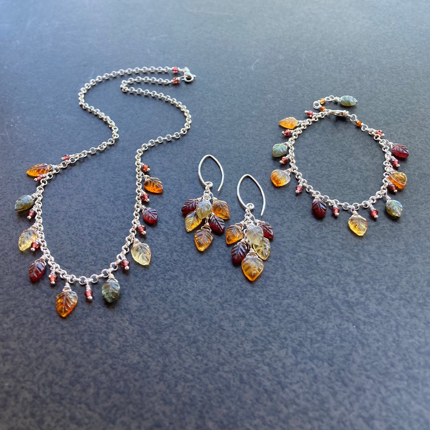 Multi Gemstone & Sterling Silver Dancing Leaves Charm Bracelet
