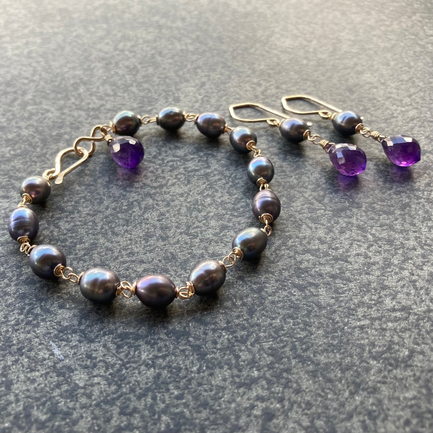 Amethyst, Peacock Pearl & Gold Earrings