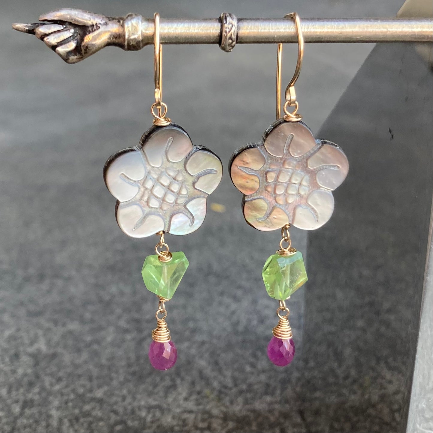Black Mother of Pearl, Peridot, Ruby & Gold Cherry Blossom Earrings