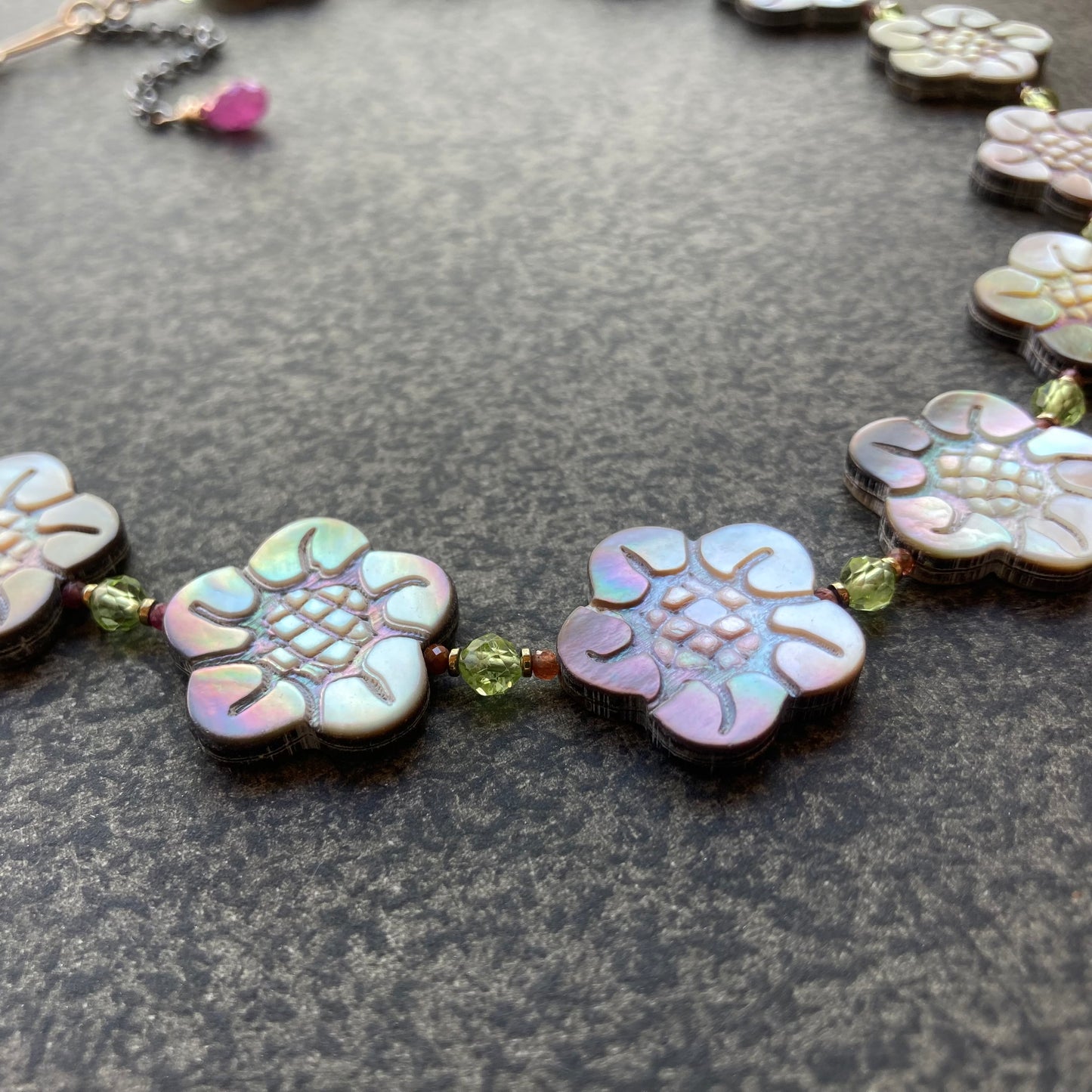 Black Mother of Pearl, Peridot, Ruby & Mixed Metal Cherry Blossom Collar