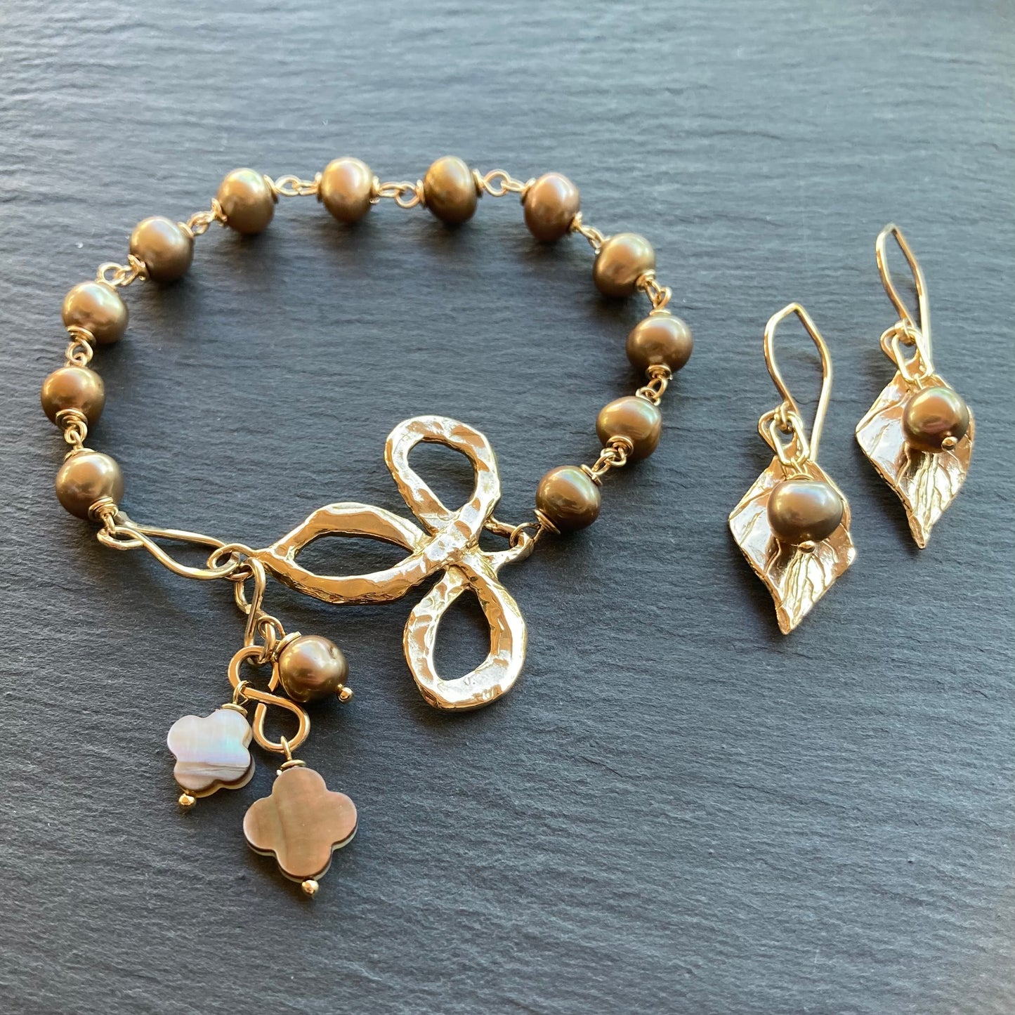 Mocha Freshwater Pearl, Gold & Bronze Fleur di Lis Charm Bracelet