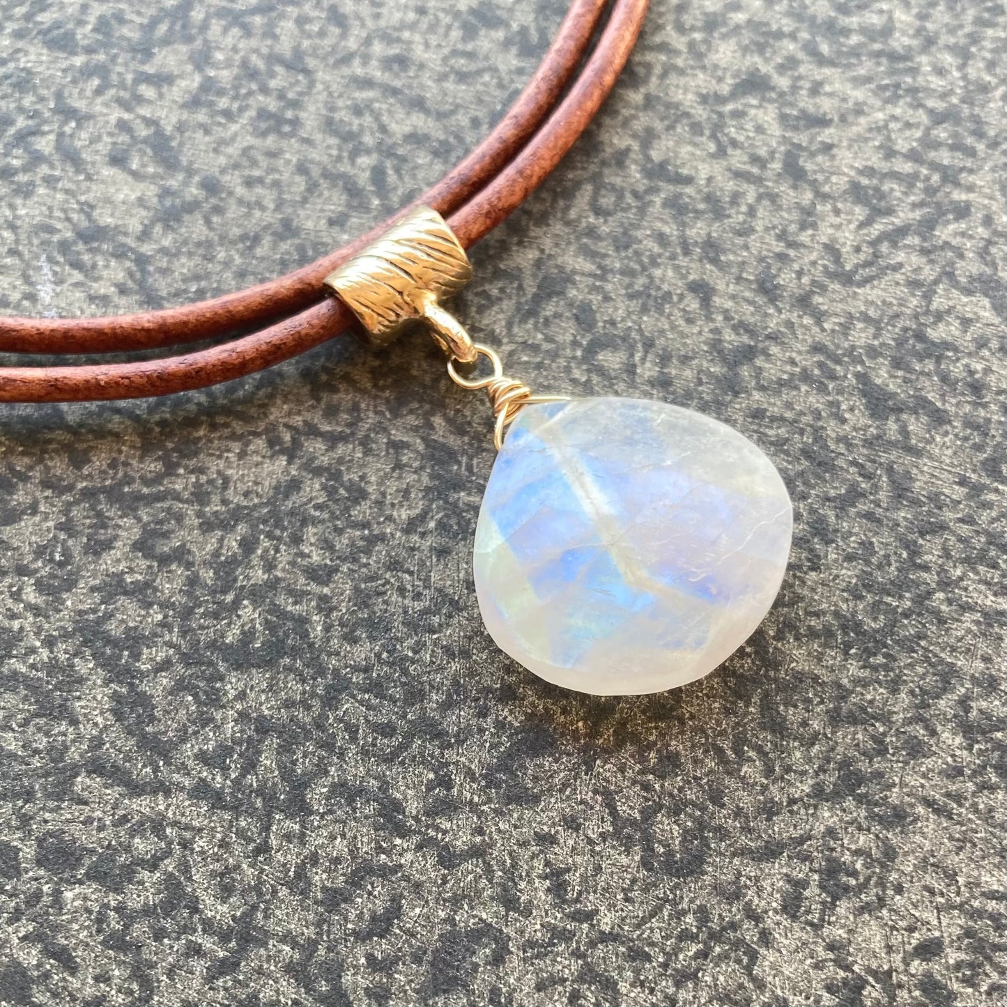 Rainbow Moonstone & Bronze Leather Choker