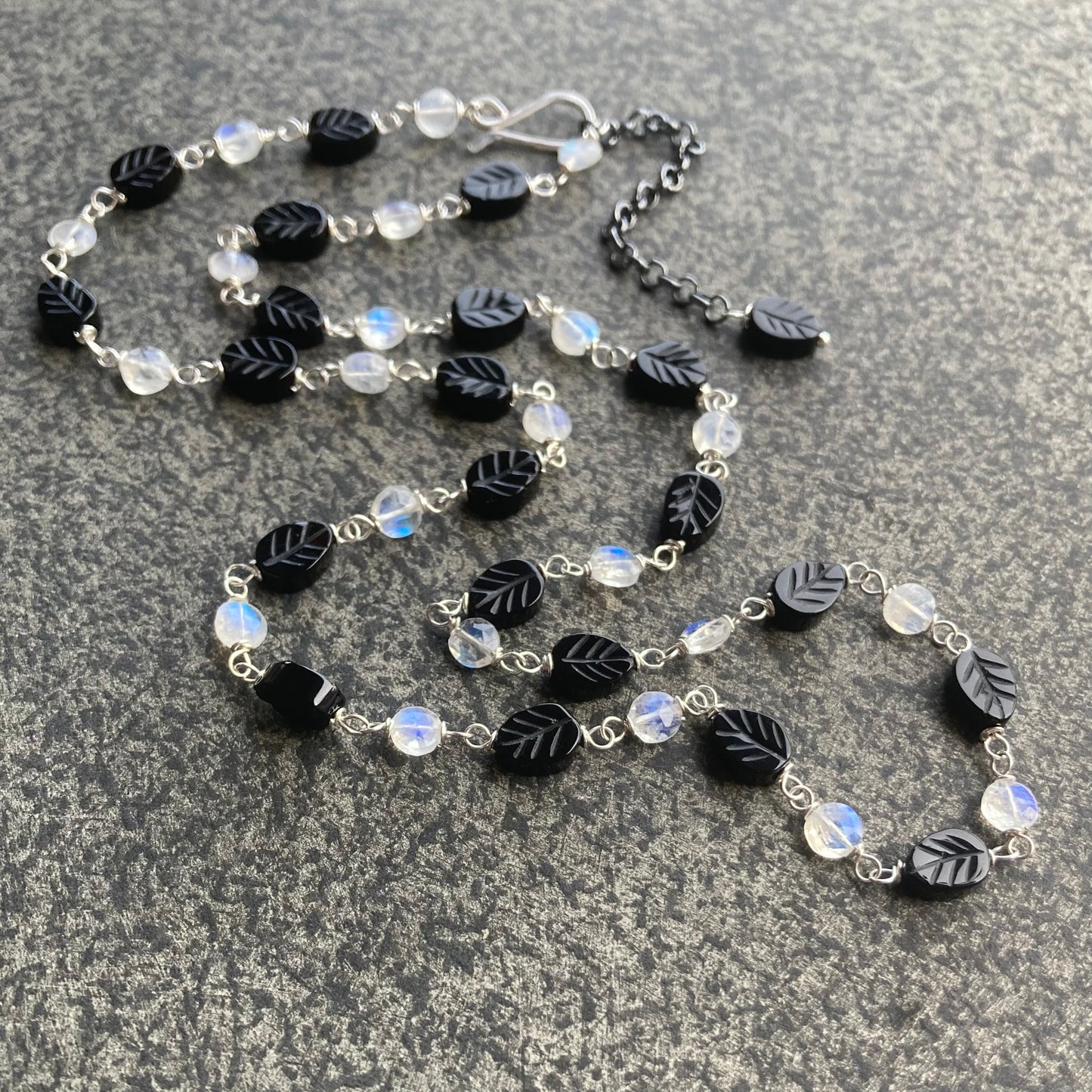 Rainbow Moonstone, Sterling Silver & Black Onyx Leaf Necklace