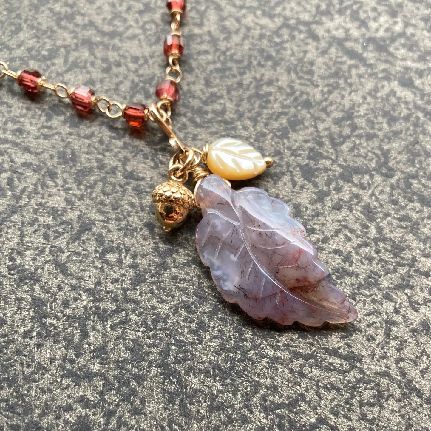 Malaya Garnet, Gold & Indian Agate Autumn Leaf Pendant Necklace