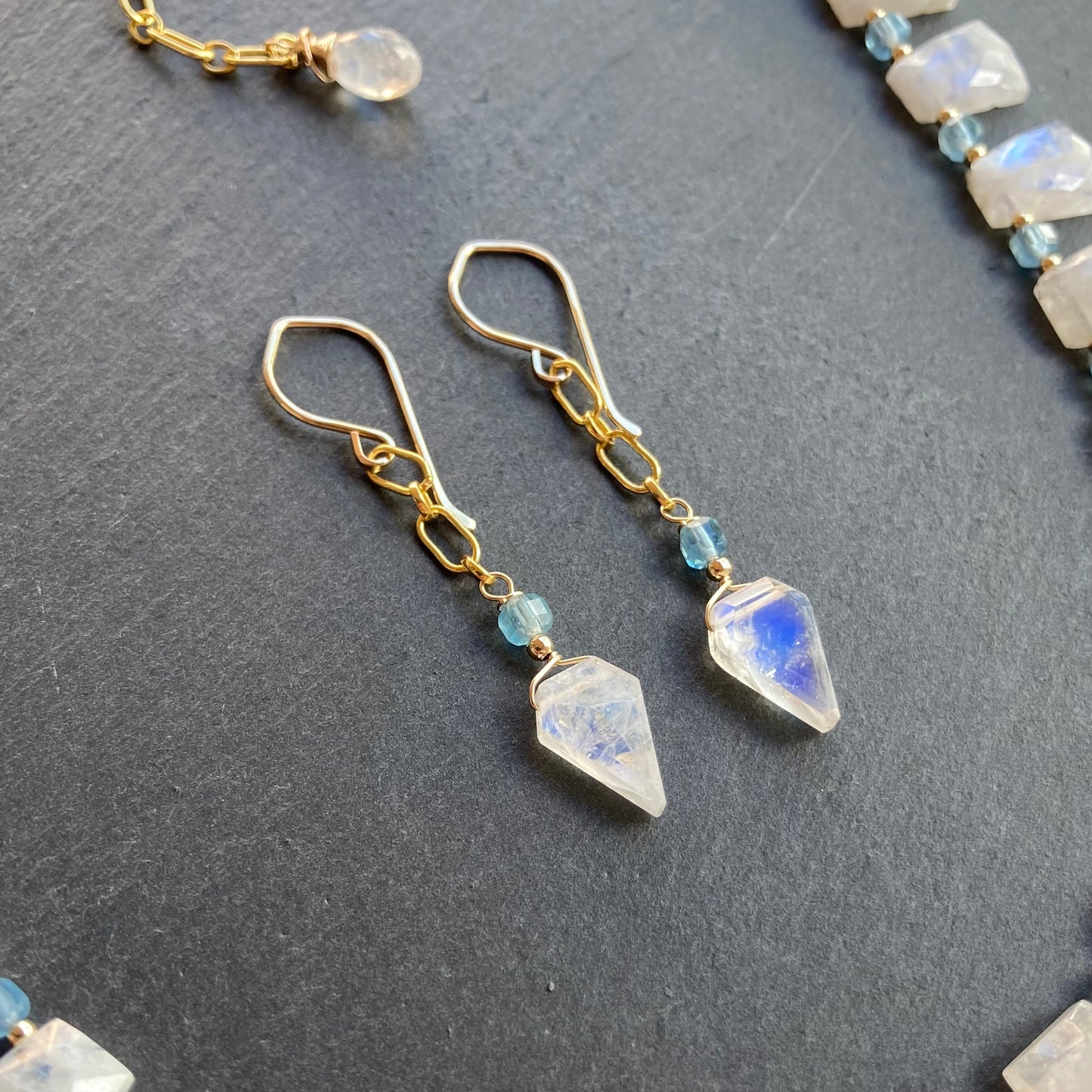 Rainbow Moonstone, Santa Maria Aquamarine & Gold Arrowhead Earrings