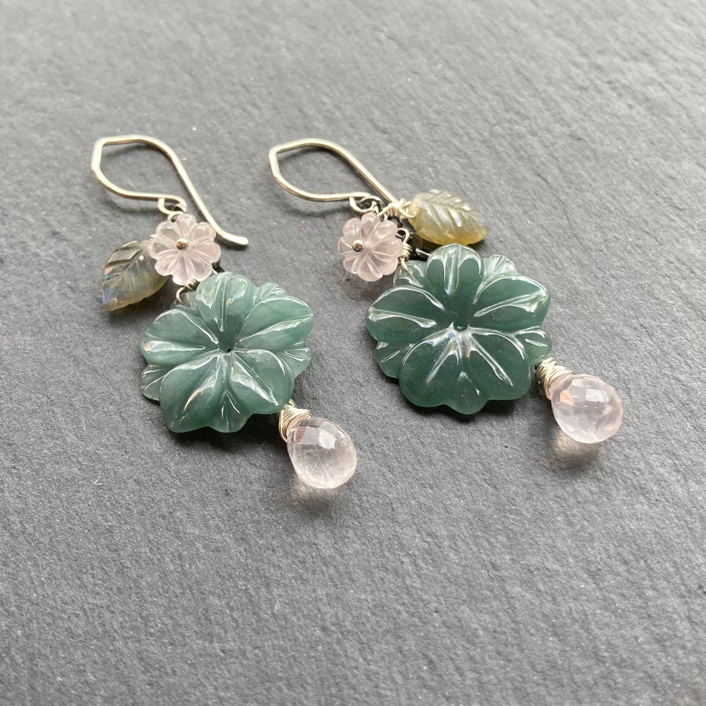 Rose Quartz, Sterling Silver & Guatemalan Jade Winter Succulent Earrings