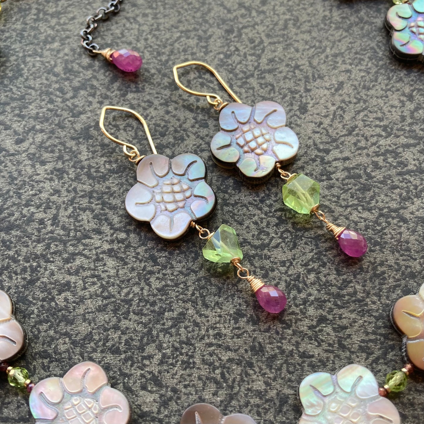 Black Mother of Pearl, Peridot, Ruby & Mixed Metal Cherry Blossom Collar