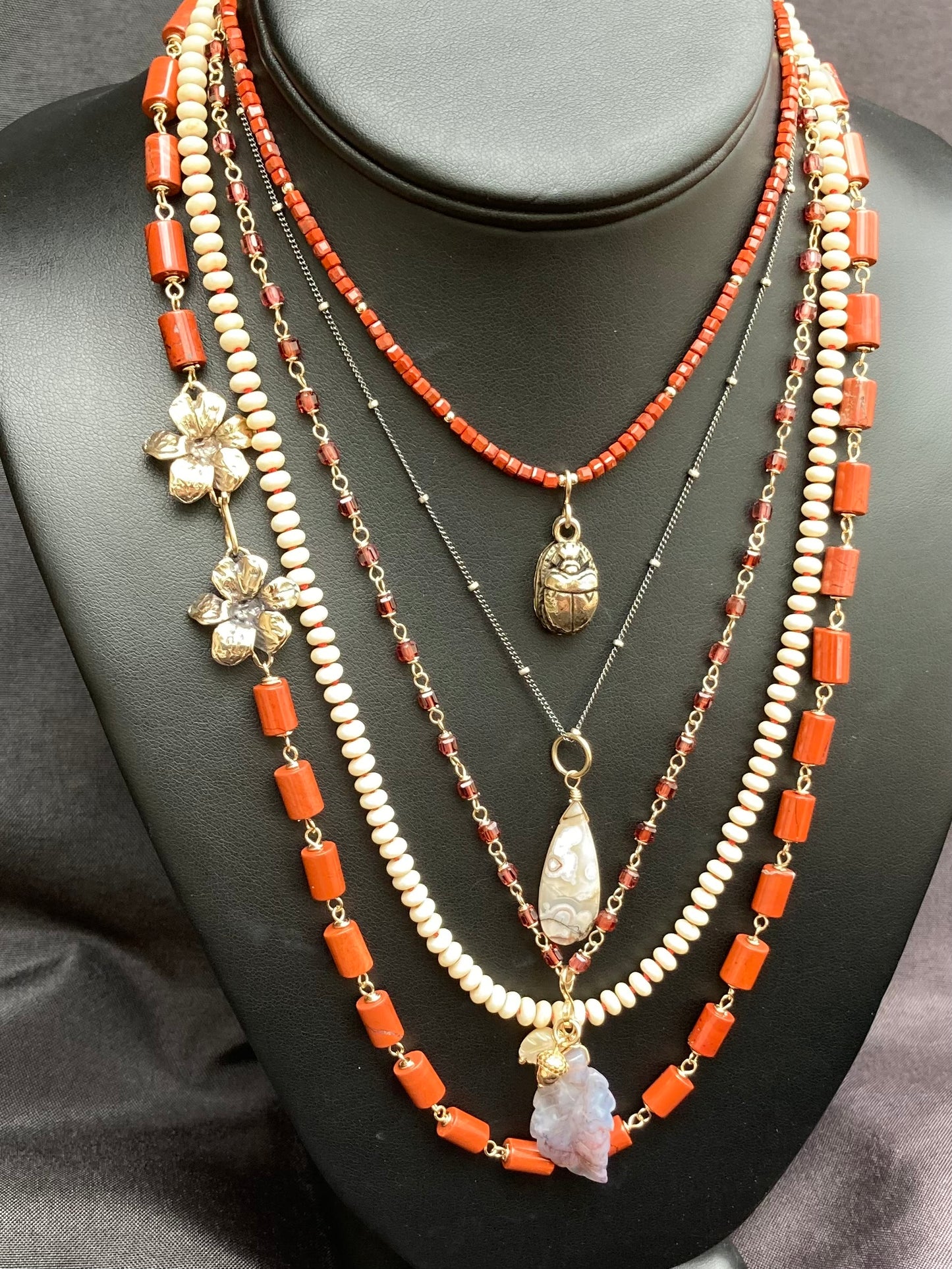 Fossil Jasper Hand Knotted Red Silk Necklace
