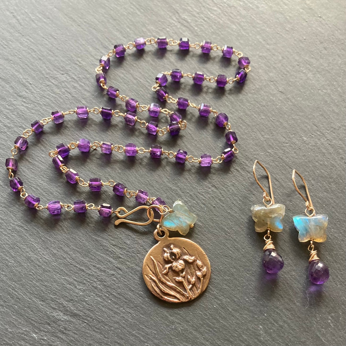 Labradorite, Amethyst & Gold Butterfly Earrings