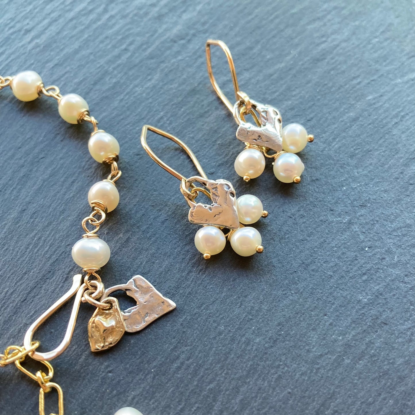 Freshwater Pearl, Gold & Sterling Silver Heart Earrings