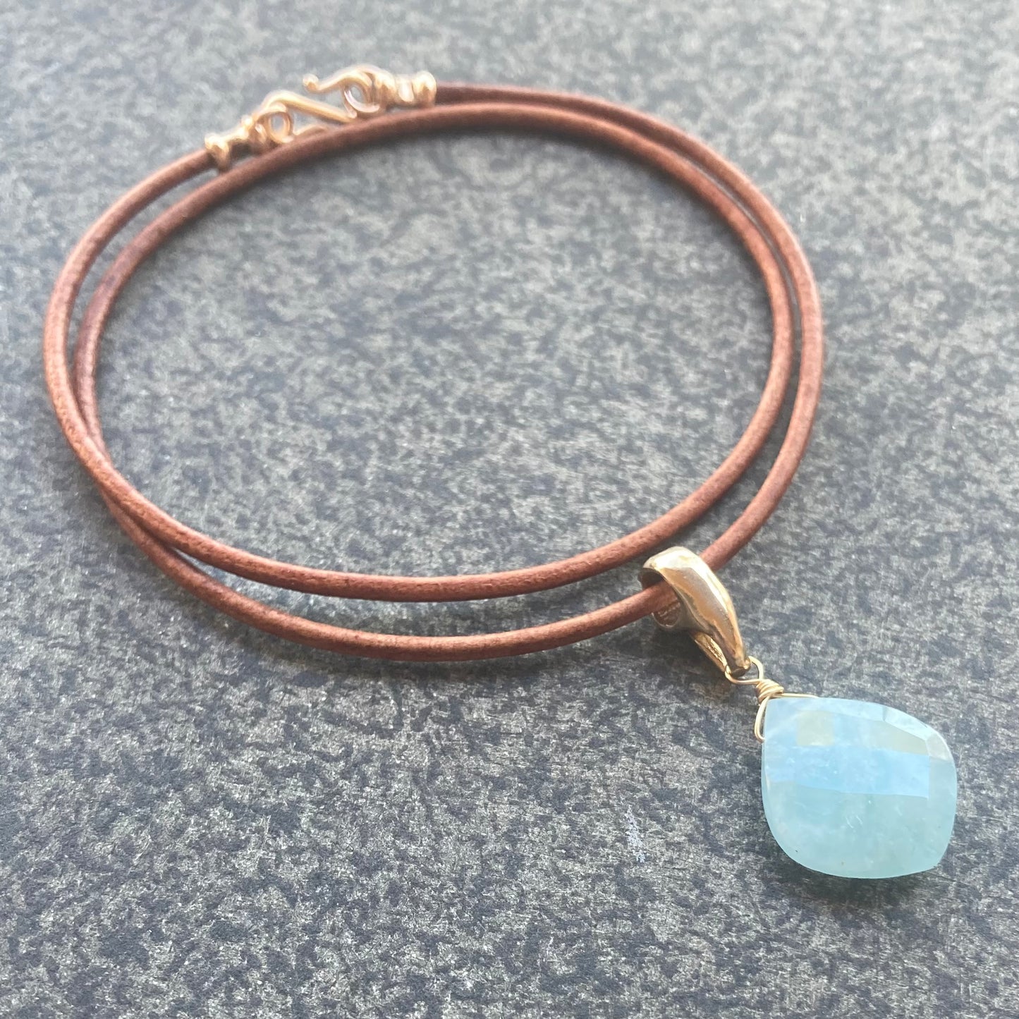 Milky Aquamarine & Bronze Leather Choker