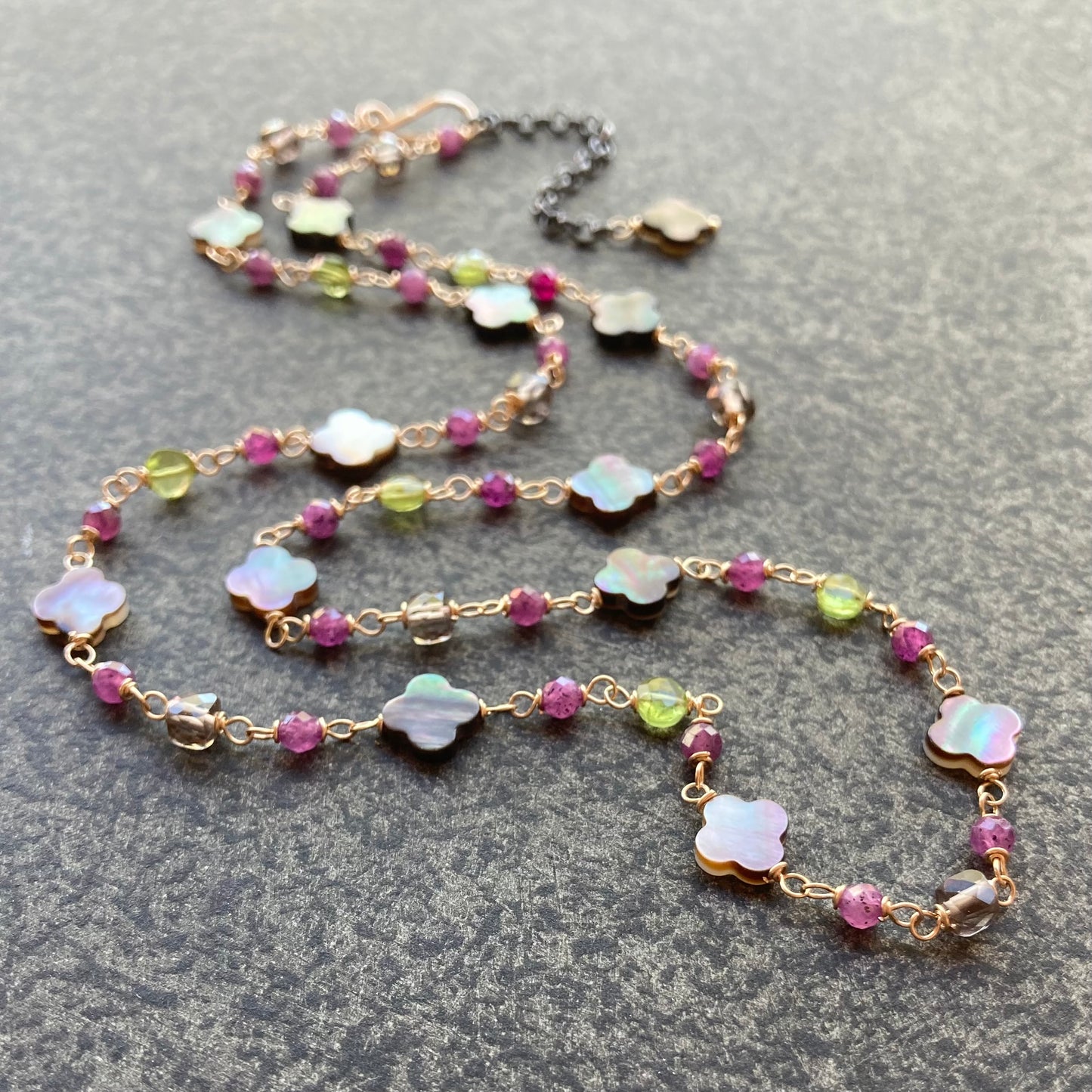 Black Mother of Pearl, Peridot, Ruby, Ice Obsidian & Mixed Metal Clover Necklace