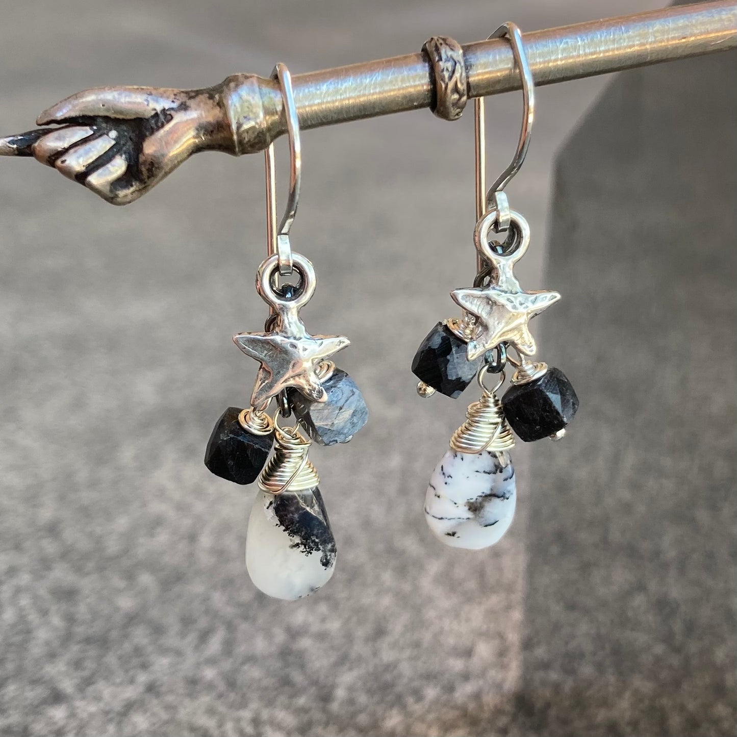 Dendritic Opal, Snowflake Obsidian & Sterling Silver Cascade Earrings