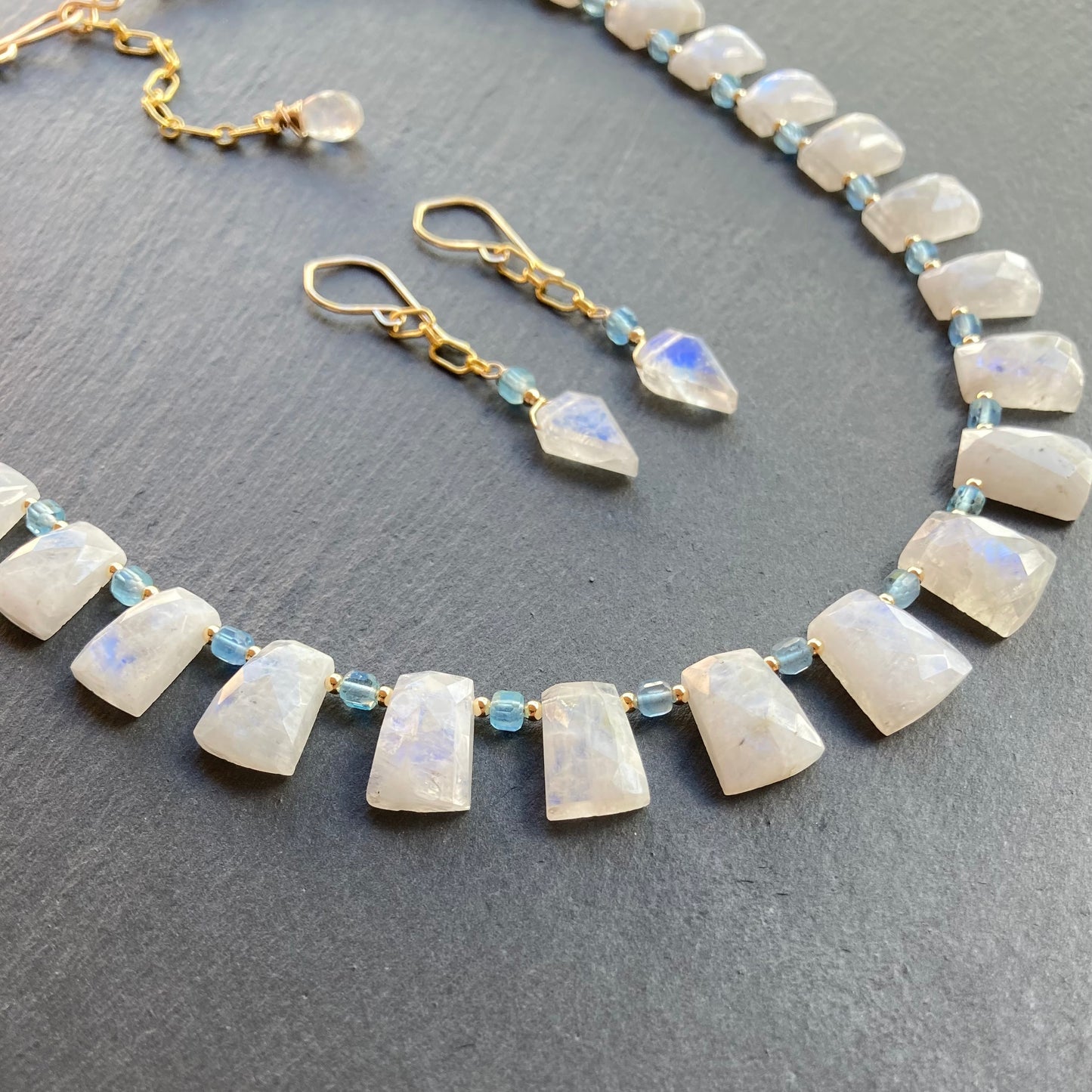 Rainbow Moonstone, Santa Maria Aquamarine & Gold Necklace