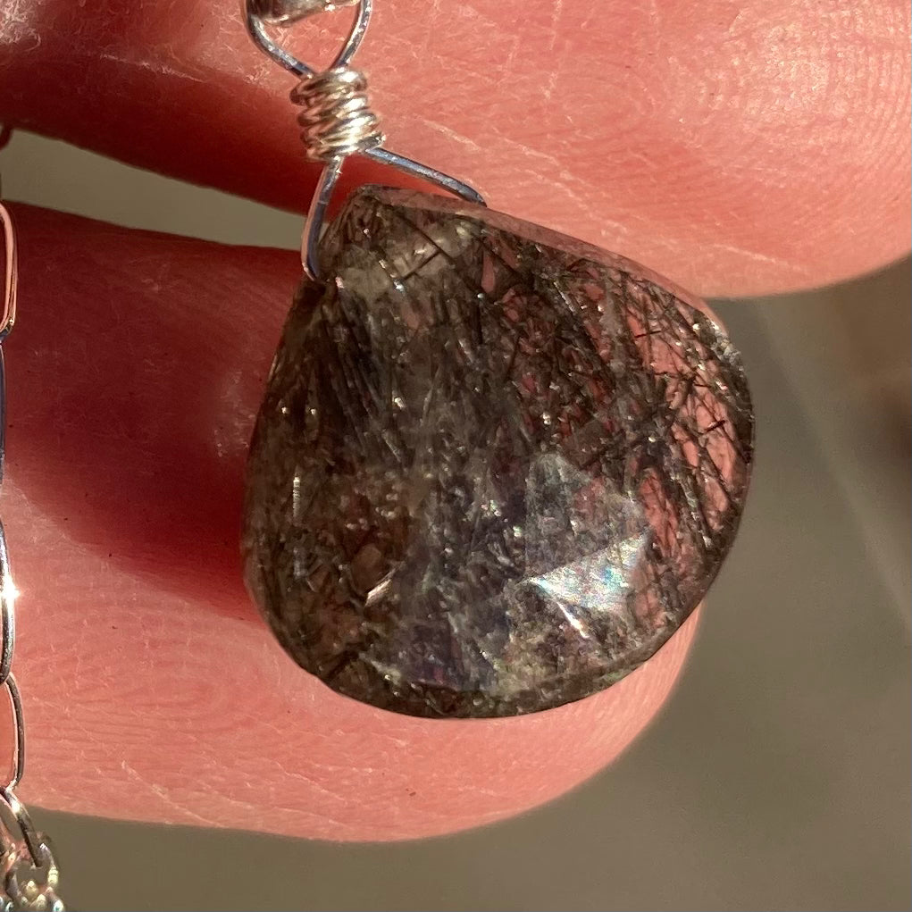 Black Rutilated Quartz & Sterling Silver Pendant Necklace