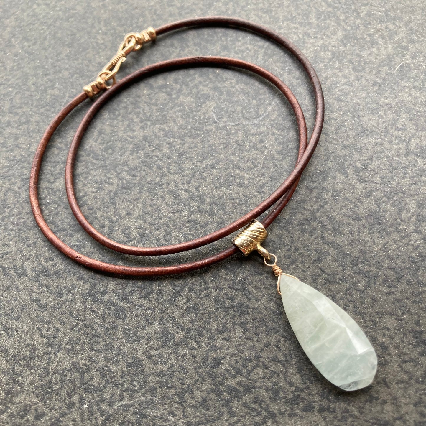 Milky Aquamarine & Bronze Leather Choker