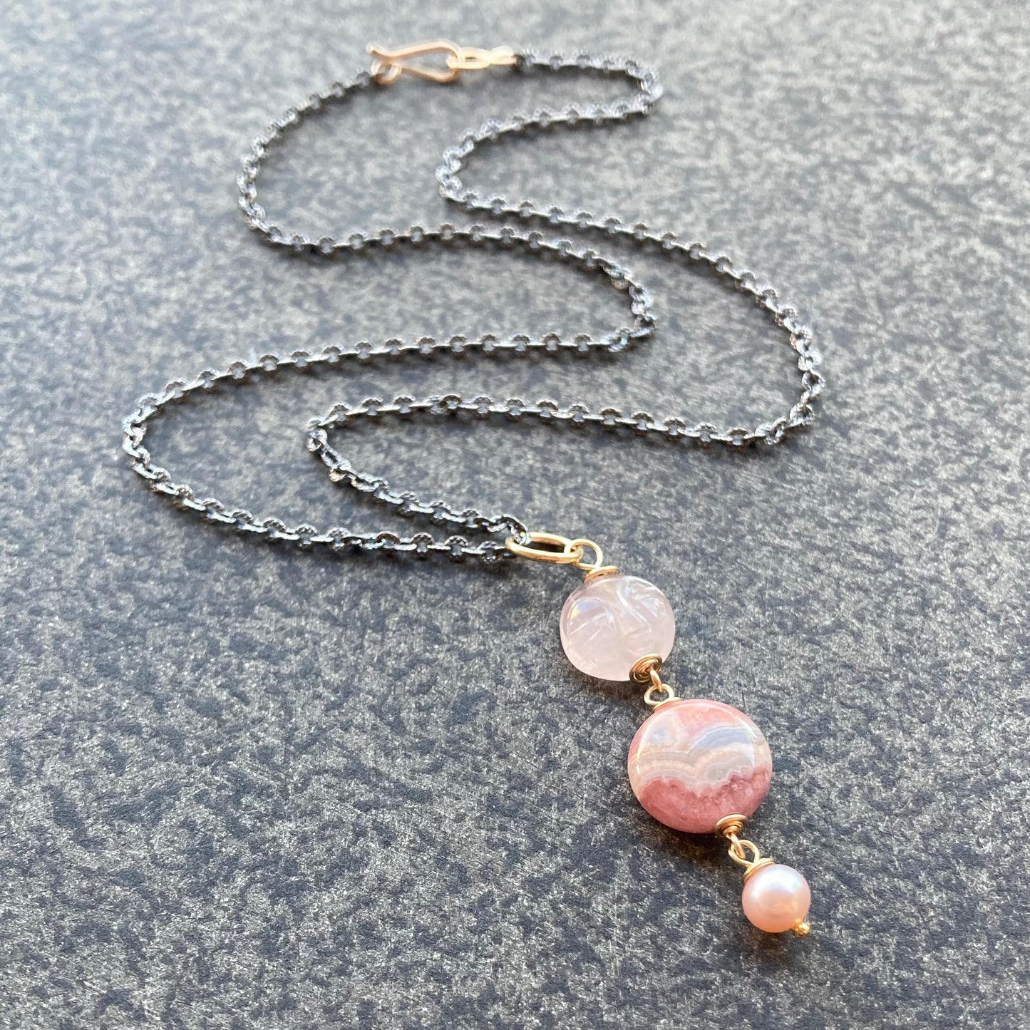 Rhodochrosite, Rose Quartz & Mixed Metal Pink Moon Rising Pendant Necklace