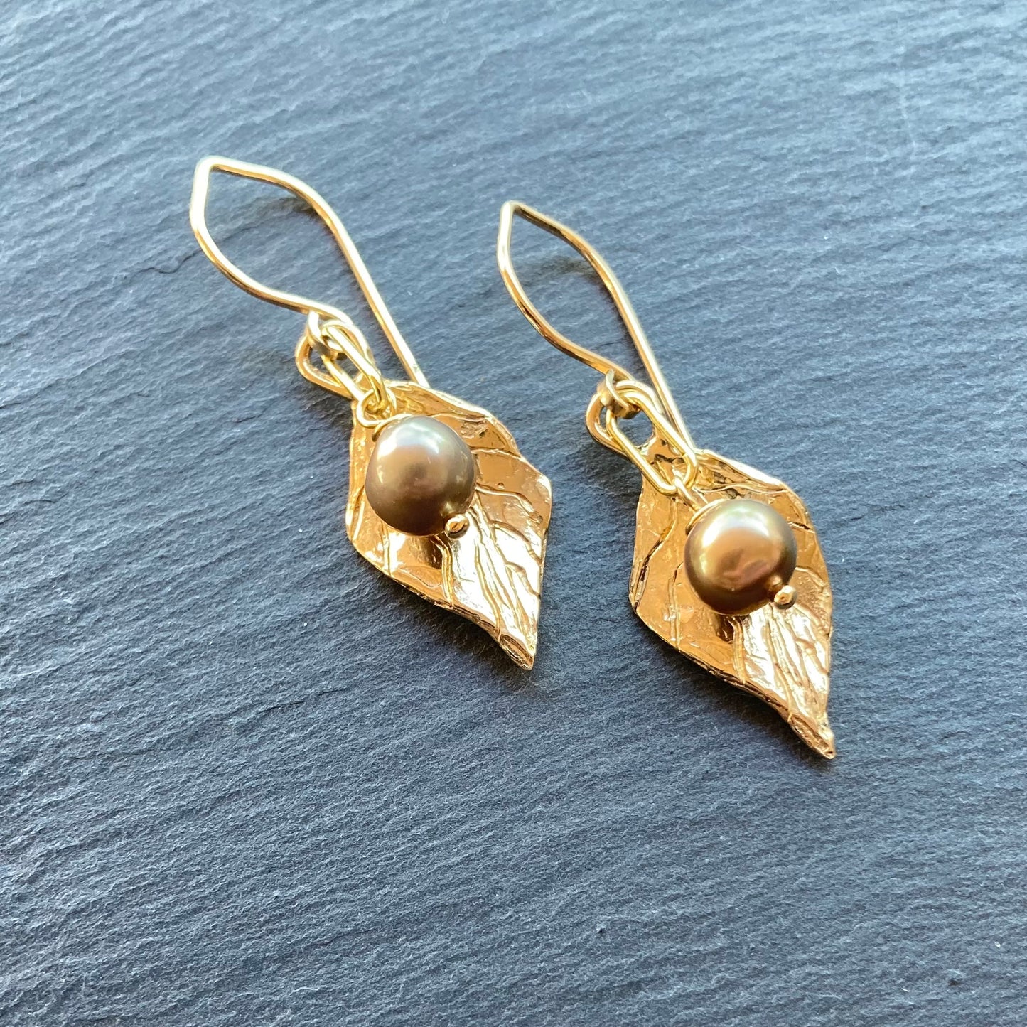 Mocha Freshwater Pearl, Gold & Bronze Leaf Earrings