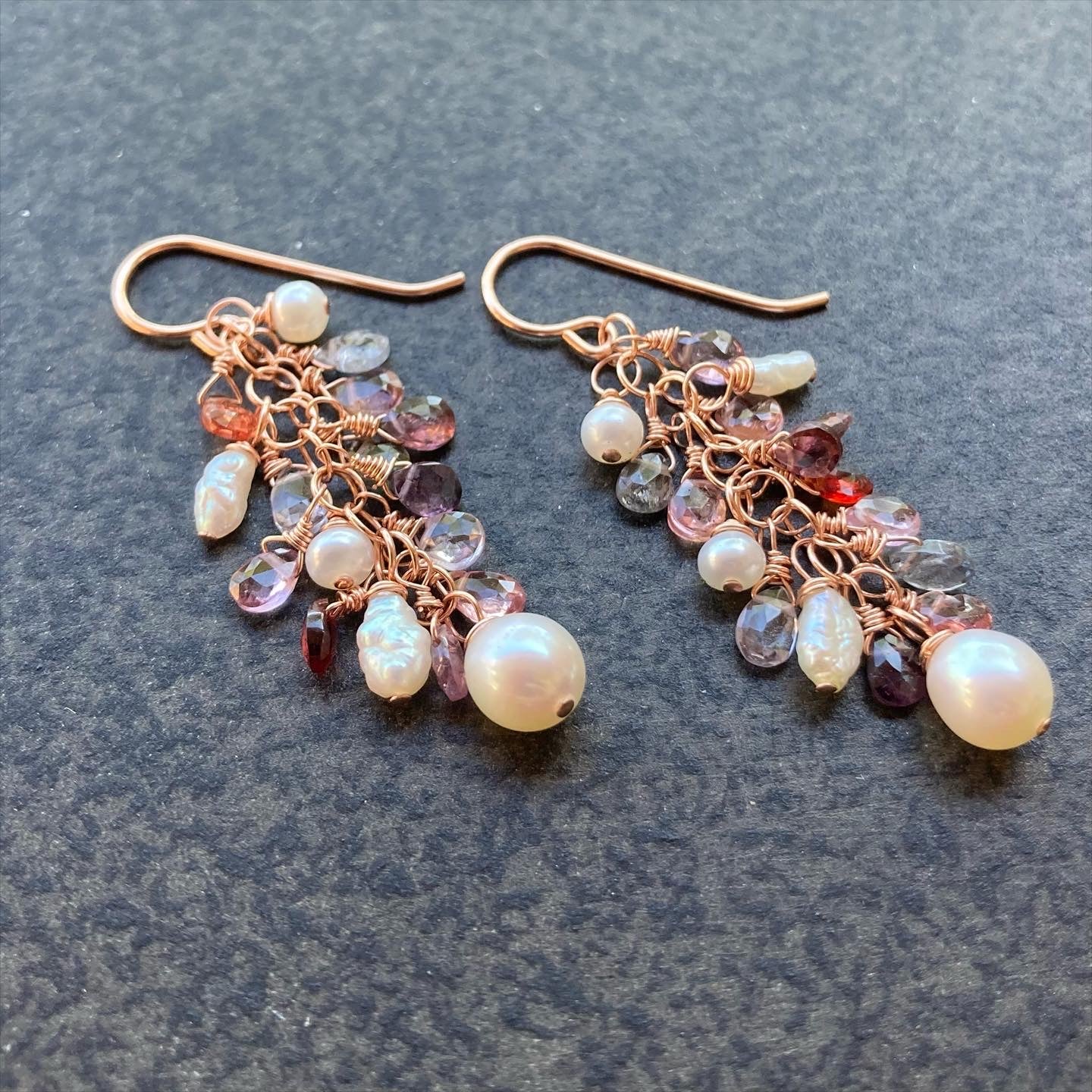 Multicolor Spinel, Freshwater Pearl & 14k Rose Gold Cascade Earrings