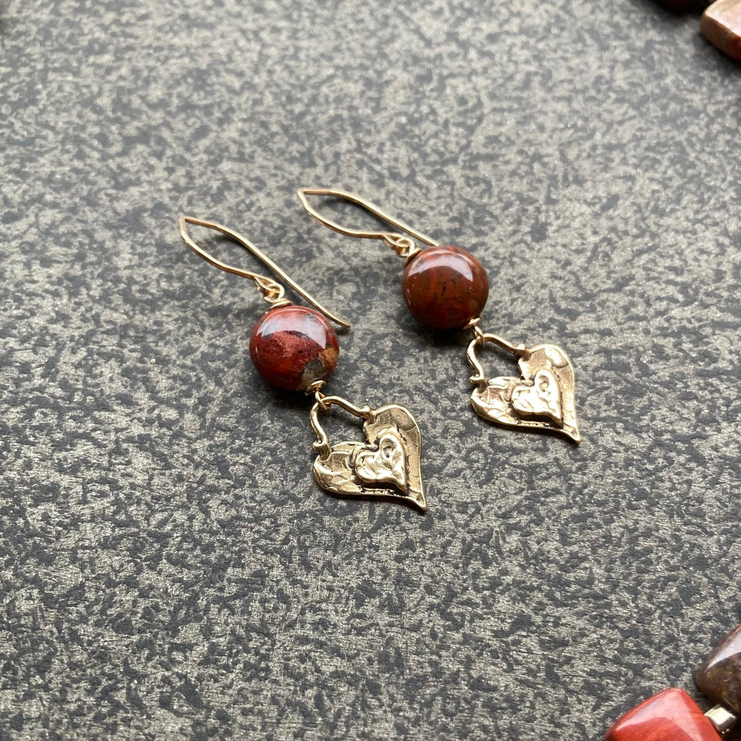 Apple Jasper, Gold & Bronze Heart Earrings