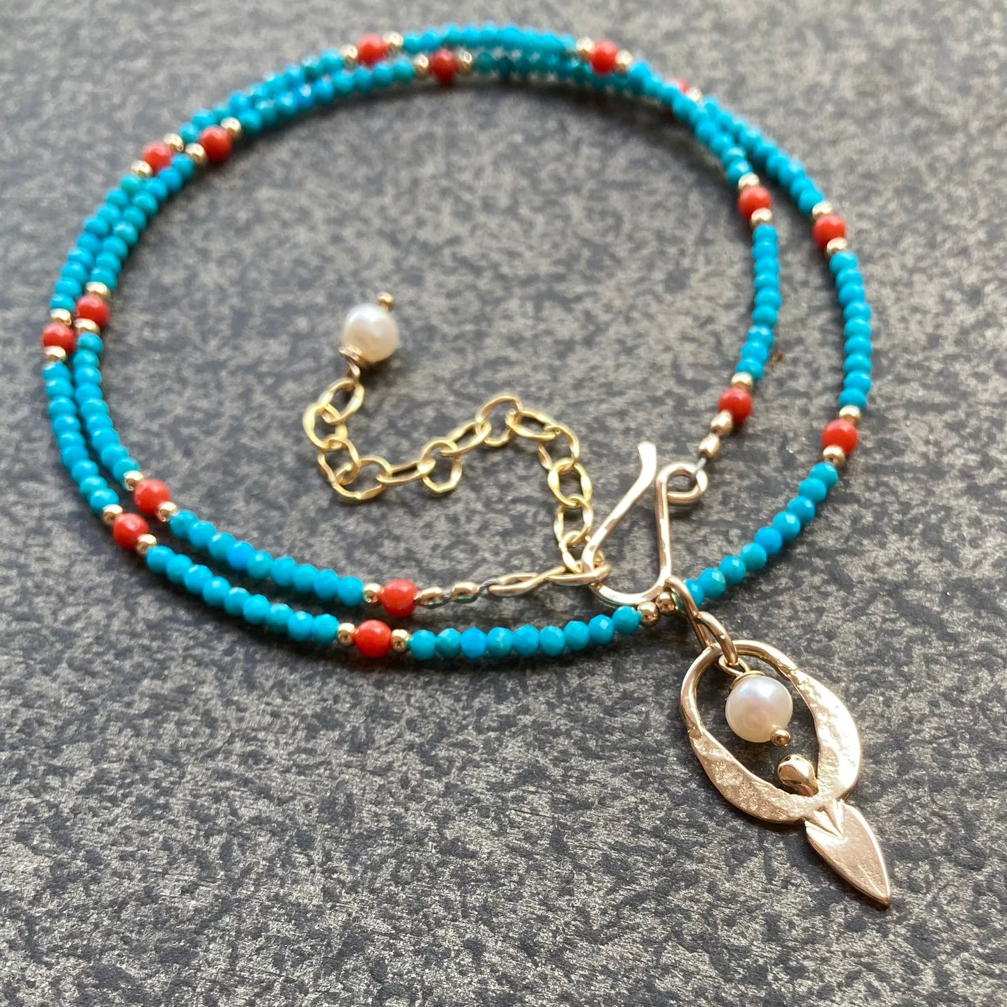 Sleeping Beauty Turquoise, Italian Coral, Gold & Bronze Goddess Pendant Choker