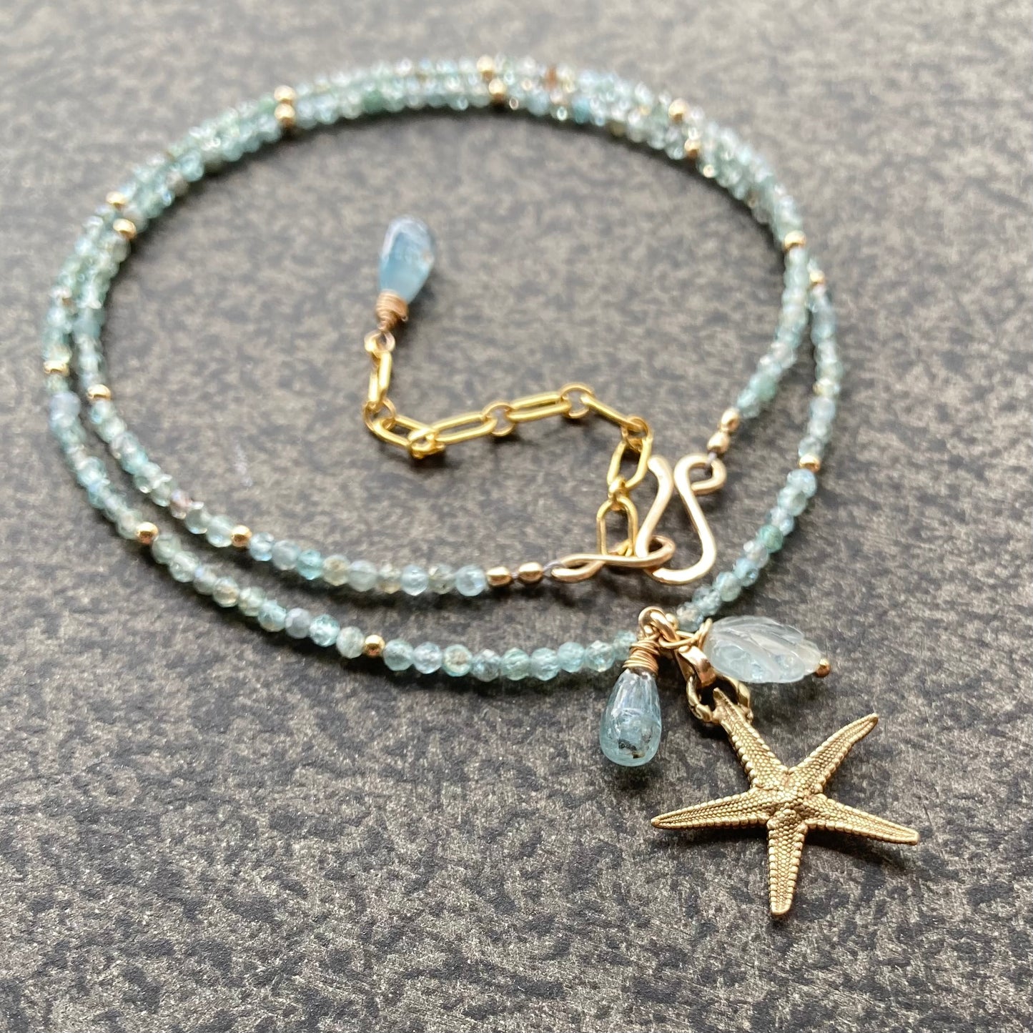 Aqua Apatite, Gold & Bronze Sea Star Charm Necklace
