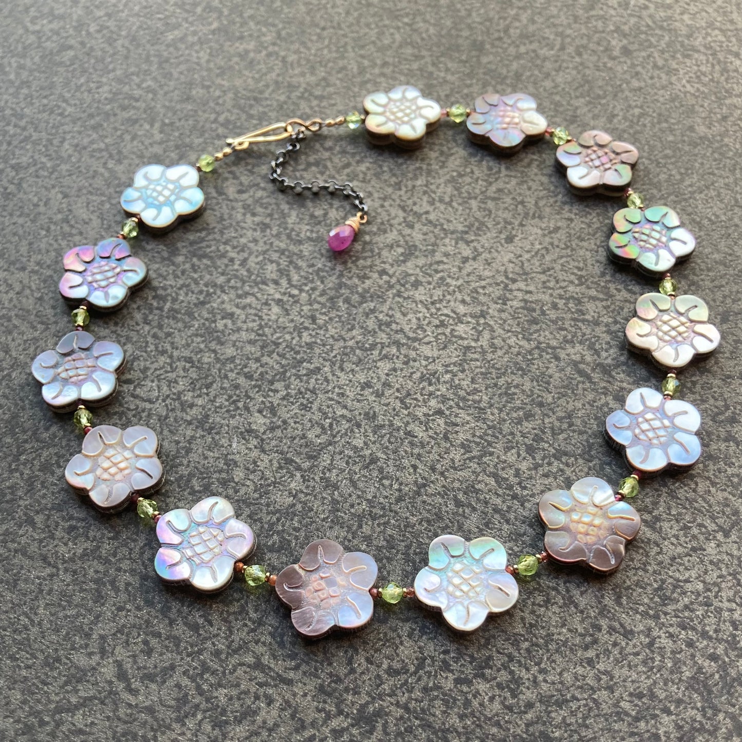 Black Mother of Pearl, Peridot, Ruby & Mixed Metal Cherry Blossom Collar