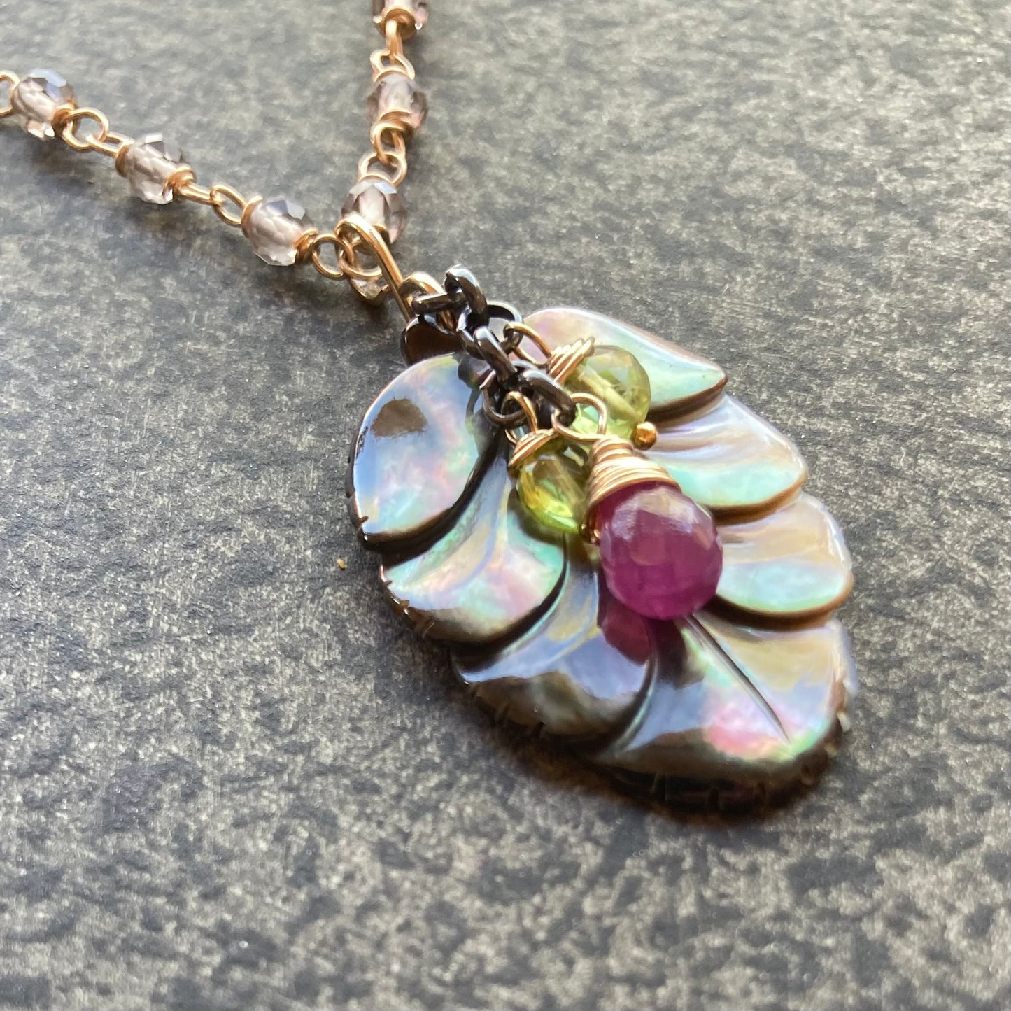 Black Mother of Pearl, Ice Obsidian & Mixed Metal Leaf Pendant Necklace