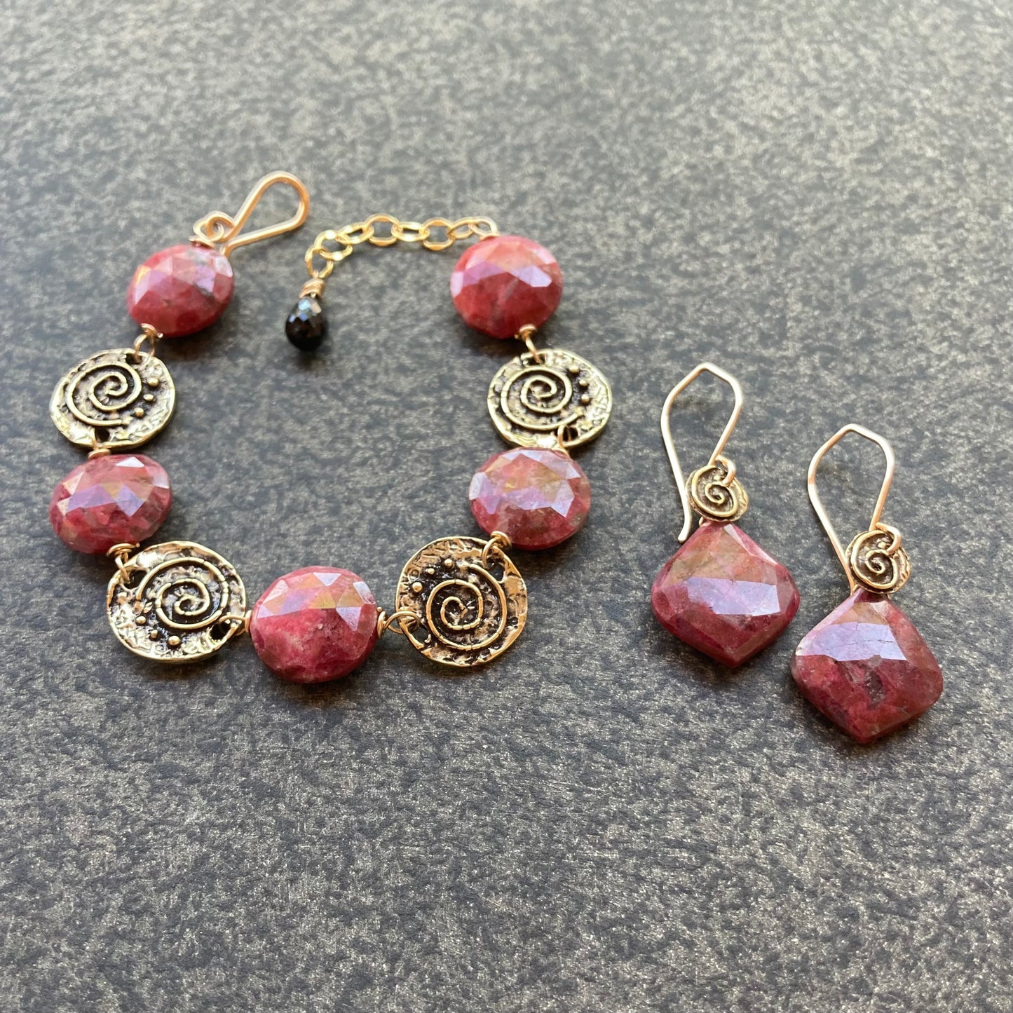 Thulite & Gold Spiral Charm Earrings