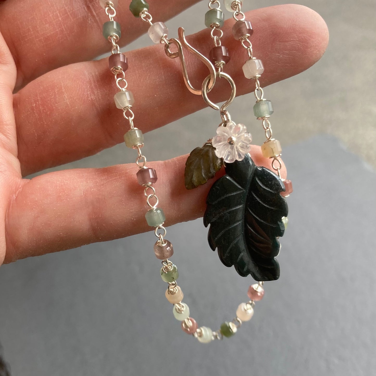 Yanyuan Agate, Sterling Silver & Indian Agate Winter Leaf Charm Necklace