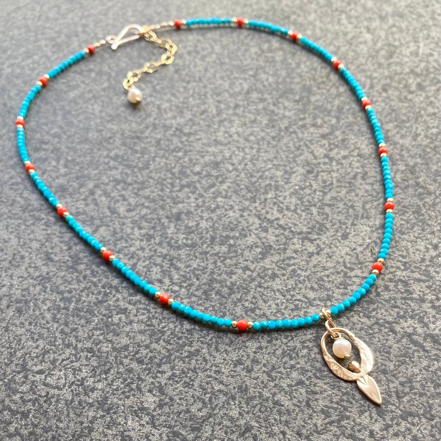 Sleeping Beauty Turquoise, Italian Coral, Gold & Bronze Goddess Pendant Choker