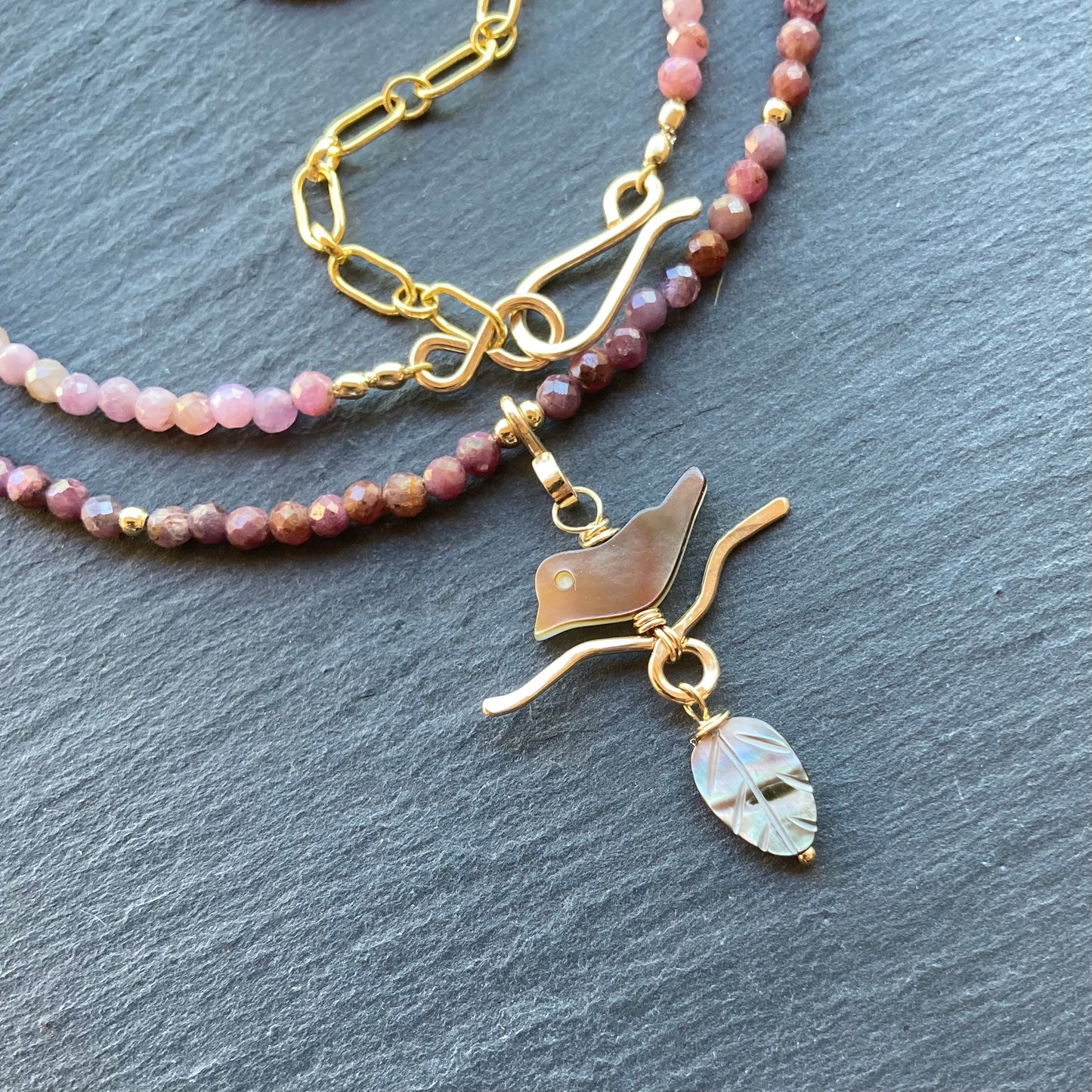 Black Mother of Pearl, Natural Ruby & Gold Autumn Branches Choker