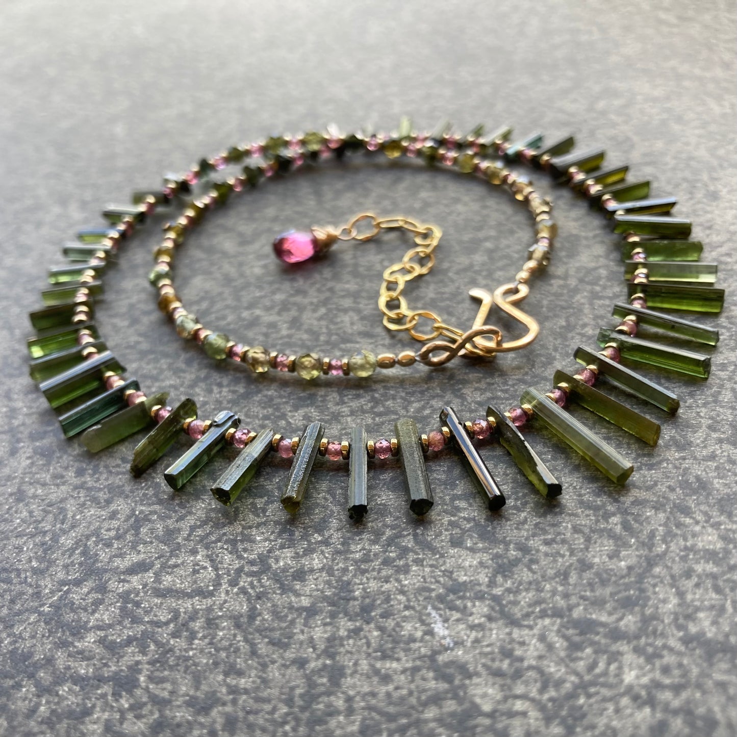 Raw Green Tourmaline, Rhodolite Garnet & Pyrite Choker